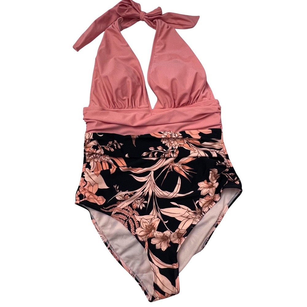 Cupshe Womens Peach Floral Halter One Piece Swimsuit Ruched V-Neck M Packable